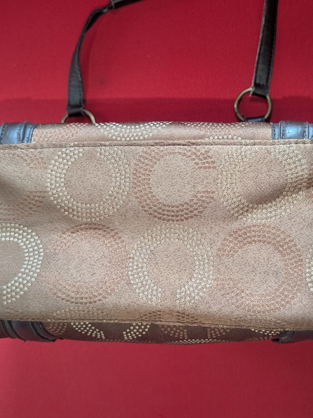 Purse Tote Shoulder Bag Dark Brown Trim Dotted C Coach Logo Design Decent Shape - Picture 4 of 13